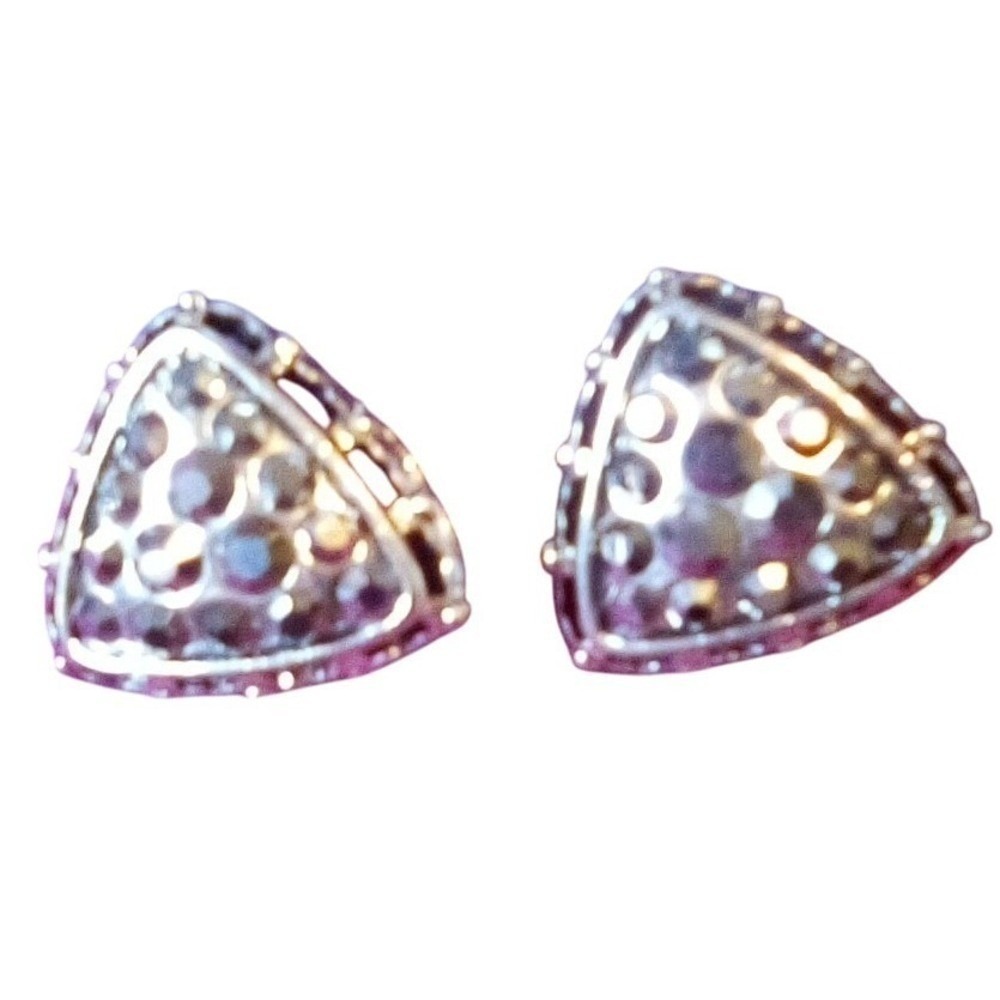 Silver Tone Triangle Shaped Clip On Earrings with Metallic Rhinestone Accents. - Picture 7 of 7